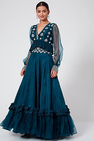 Blue Embroidered Skirt Set by Nayna Kapoor
