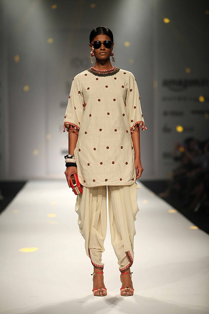 Ivory Katha and Bead Embroidered Backless Tunic with Matching Silk Cowl Dhoti Pants by Nikasha