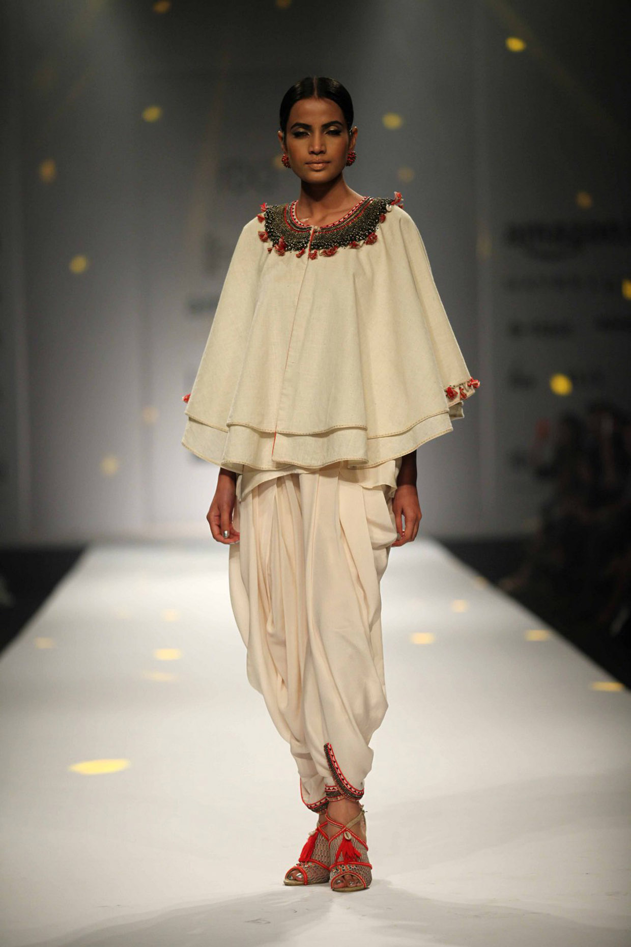 Ivory embroidered double layer cape with cowl dhoti and cami top available only at Pernia's Pop Up Shop.