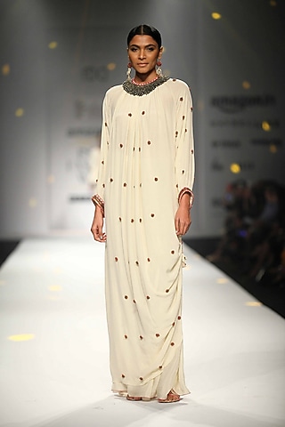 Ivory Kurlong Rouching Bead Embroidery Kurta with Gathered Sharara by Nikasha