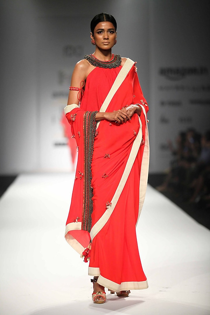 Kasum red embroidered saree with kali blouse top available only at Pernia's Pop Up Shop.