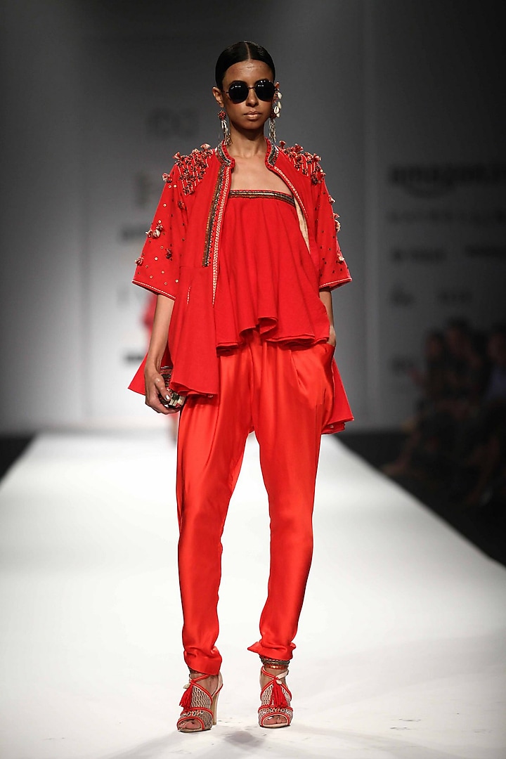 Red Embroidered Jacket with Tube Top and Jodhpuri Pants by Nikasha
