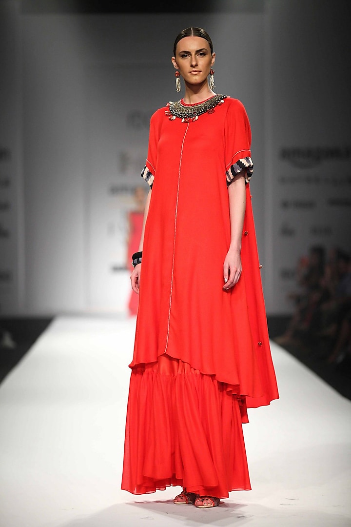 Red Asymmetric Embroidered Dress with Gathered Skirt by Nikasha