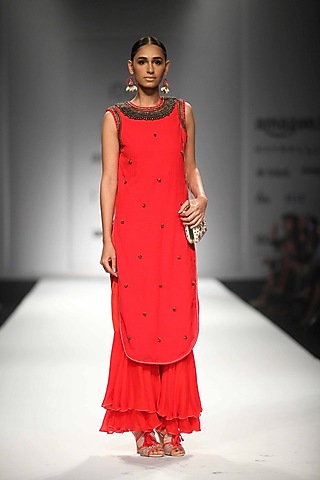 Red Embroidered Apple Cut Kurta with Double Layer Sharara by Nikasha
