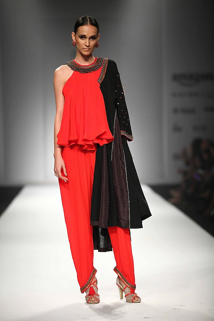 Red Kali Jumpsuit with Thar Long Black Embroidered Kali Jacket by Nikasha