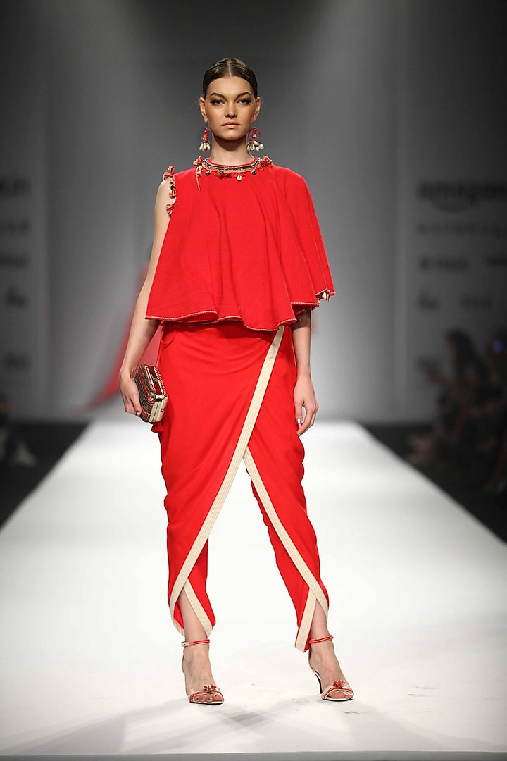 Red Embroidered Asymmetrical Layered Top with Overlap Dhoti Pants by Nikasha