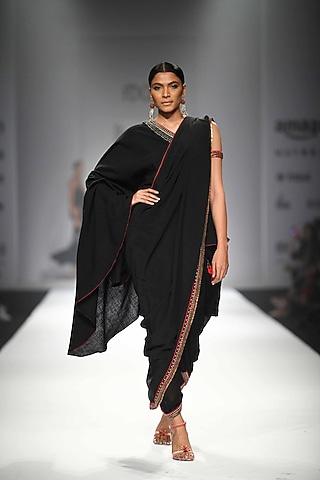 Black One Off Shoulder Long Asymmetric Blouse with Attached Palla with Black Dhoti Pants by Nikasha