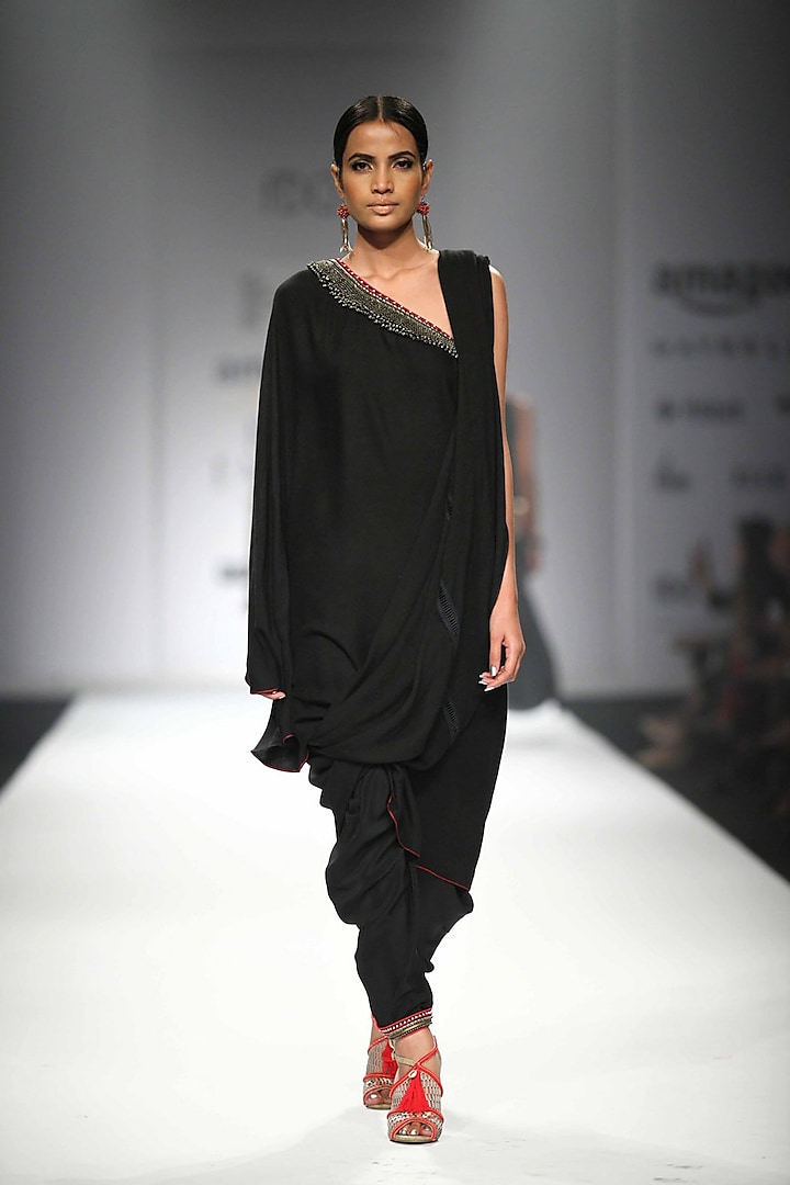 Black Draped Asymmetric Tunic with Matching Dhoti Pants by Nikasha