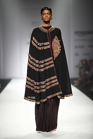 Black Embroidered Long Cape with Jersey Top and Printed Sharara Pants by Nikasha
