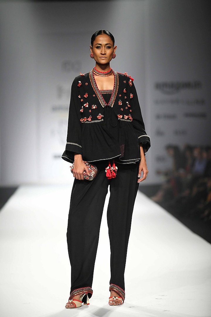Black Jumpsuit with Black Embroidered Flared Jacket by Nikasha