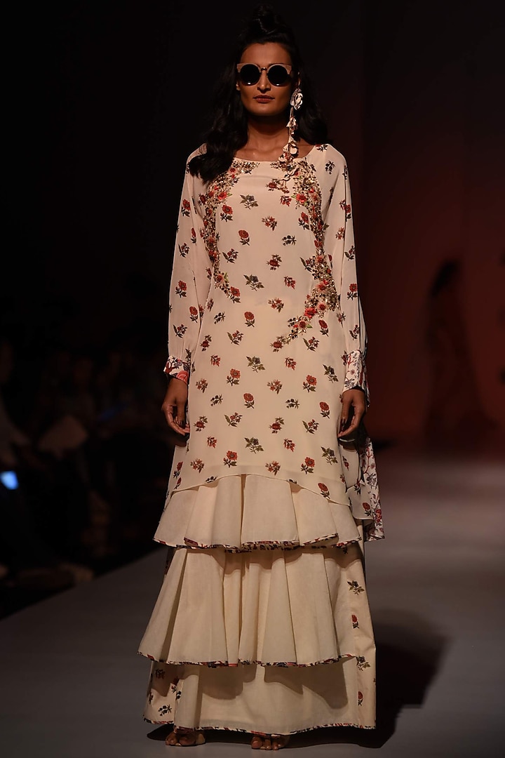 Lilly Ivory Floral Print Tunic and Khadi Skirt Set by Nikasha
