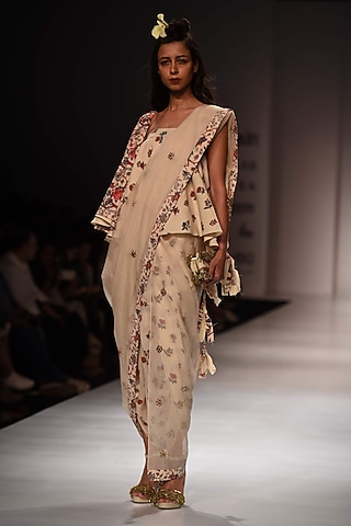 Lilly Ivory One Shoulder Top with Dhoti Pants and Kota Doria Dupatta by Nikasha