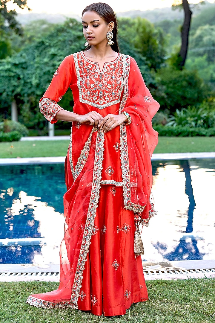 Red Pure Chanderi Silk Nakshi & Pitta Embroidered Sharara Set by Bbaawri