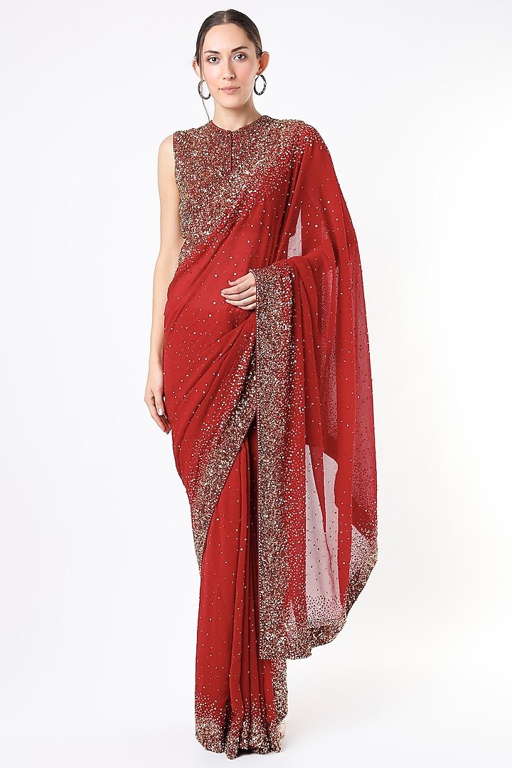 Red Embroidered Saree Set by Nakul Sen