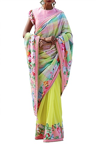 Lime Green Georgette Printed Saree Set by Nikasha