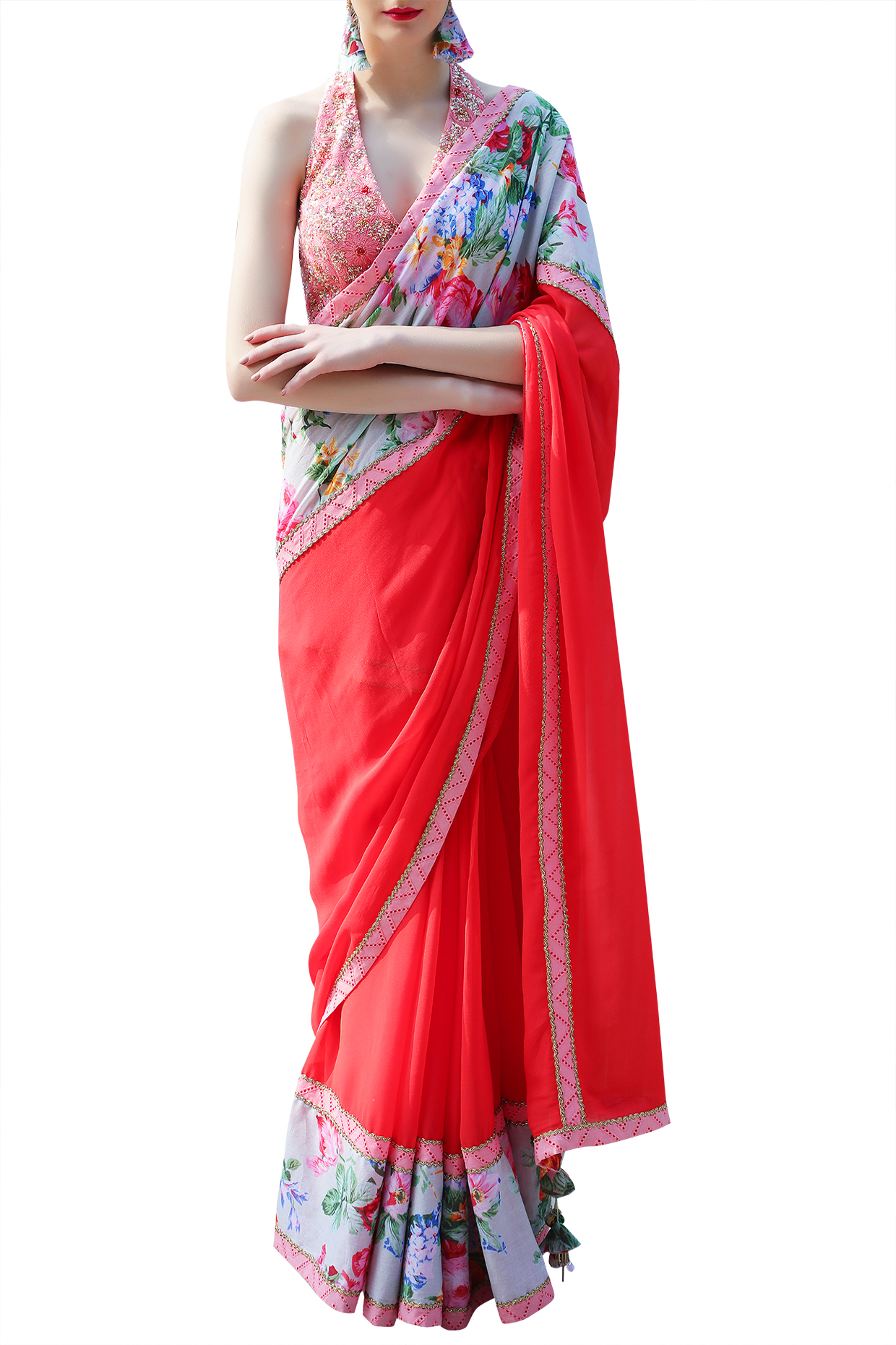 Red Embroidered Printed Wedding Saree Set by Nikasha at Pernia's Pop Up Shop
