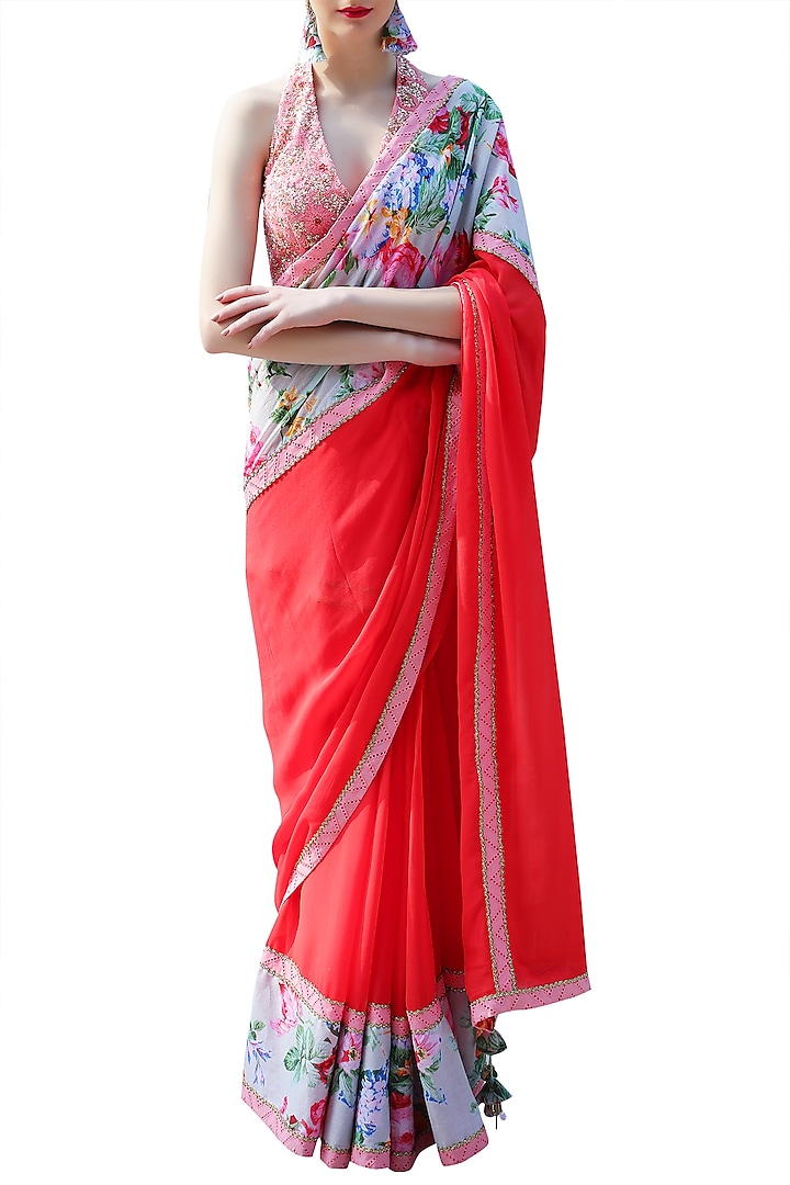 Red Embroidered Printed Saree Set by Nikasha
