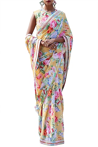 Ochre Yellow Embroidered Printed Saree Set by Nikasha