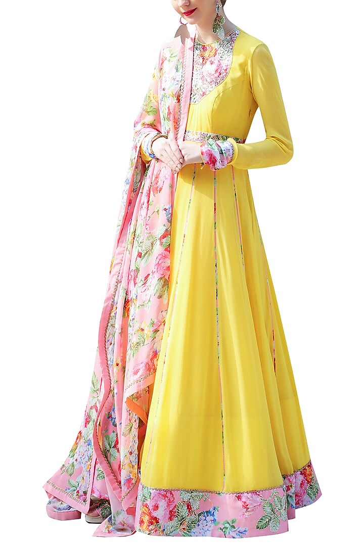 Yellow Embroidered Printed Kalidar Wedding Anarkali Set by Nikasha at Pernia's Pop Up Shop