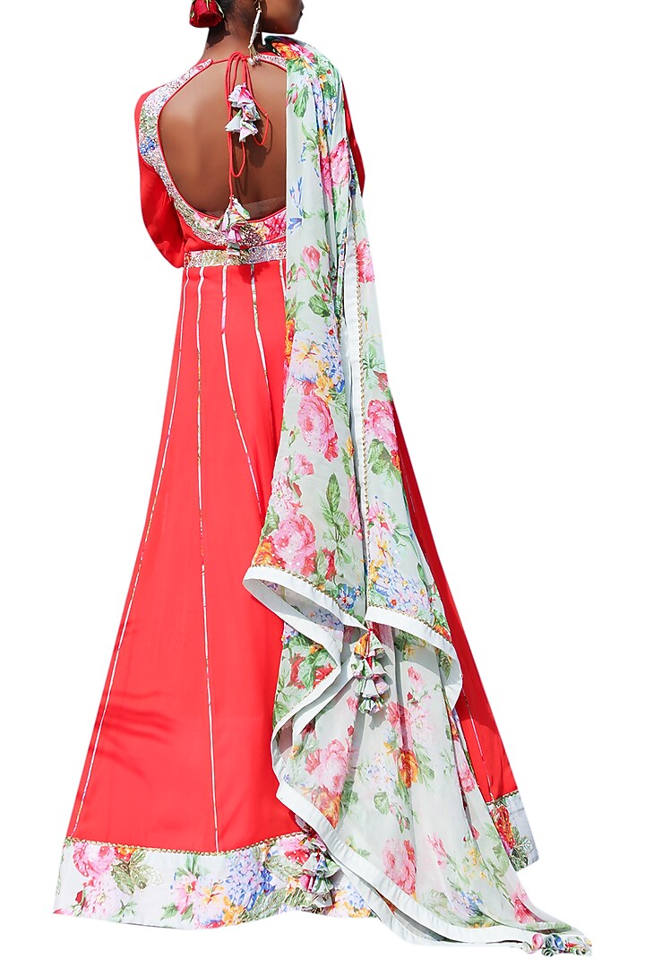 Red Embroidered Printed Kalidar Wedding Anarkali Set by Nikasha at Pernia's Pop Up Shop