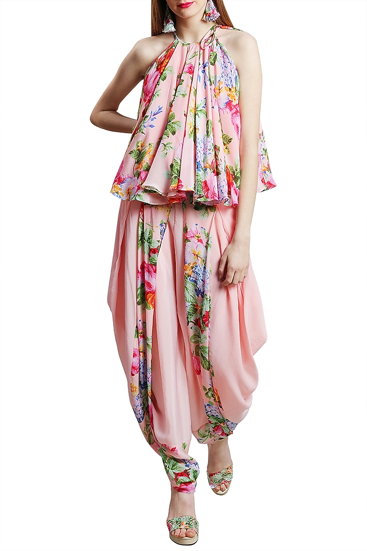 Soft Pink Printed Halter Neck Top With Dhoti Pants by Nikasha at Pernia's Pop Up Shop