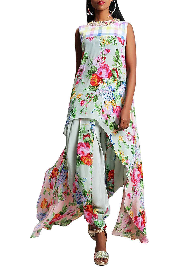 Mint Green Embroidered Printed Kurta With Dhoti Pants by Nikasha at Pernia's Pop Up Shop