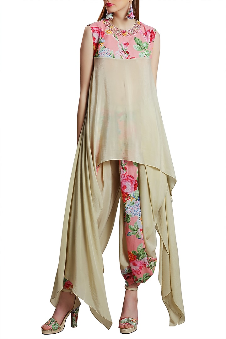 Beige Embroidered Printed Kurta With Dhoti Pants by Nikasha at Pernia's Pop Up Shop