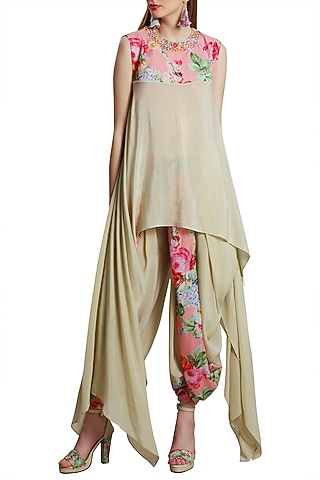 Beige Embroidered Printed Kurta With Dhoti Pants by Nikasha