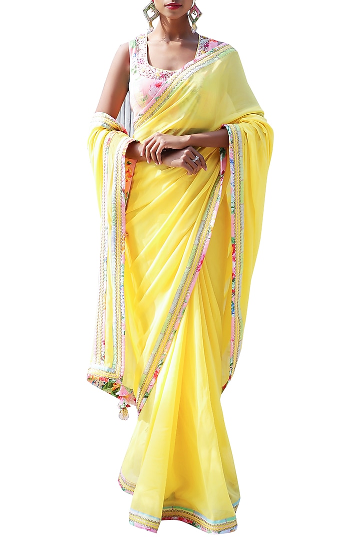 Yellow Embroidered Checkered Party Wear Saree Set by Nikasha at Pernia's Pop Up Shop