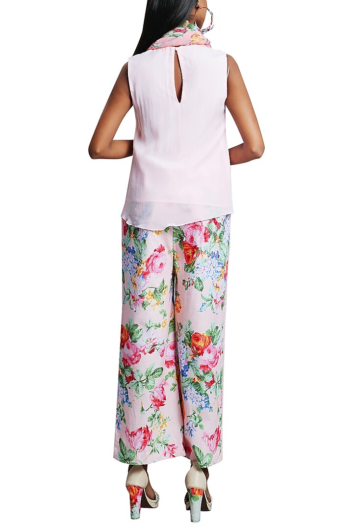 Soft Pink Embroidered Top With Printed Pants & Scarf by Nikasha
