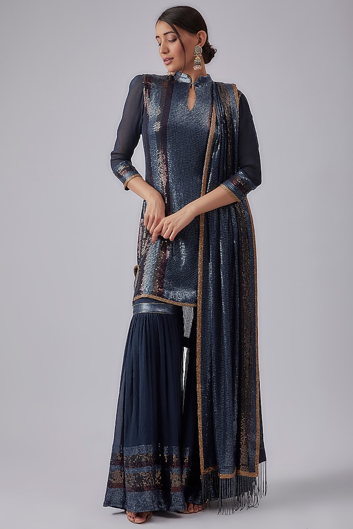 Blue Chiffon Sharara Set by Nakul Sen at Pernia's Pop Up Shop