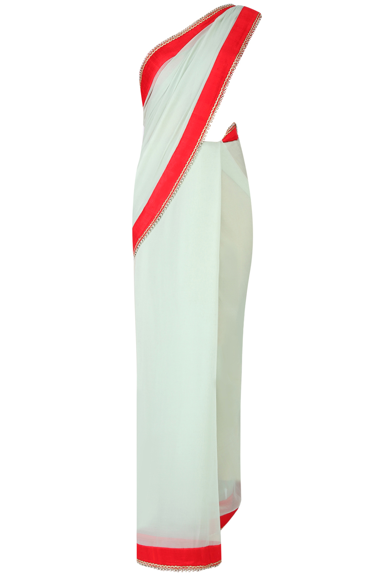 Mint and red saree with red embroidered print blouse available only at Pernia's Pop Up Shop.