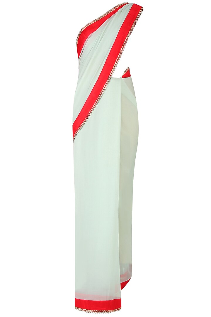 Mint and red saree with red embroidered print blouse available only at Pernia's Pop Up Shop.