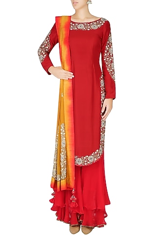 Red Embroidered U Hem Kurta with Double Layer Shararas and Ochre Dupatta by Nikasha