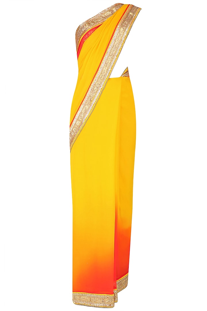 Red and mustard ombre saree with red fully embroidered blouse available only at Pernia's Pop Up Shop.