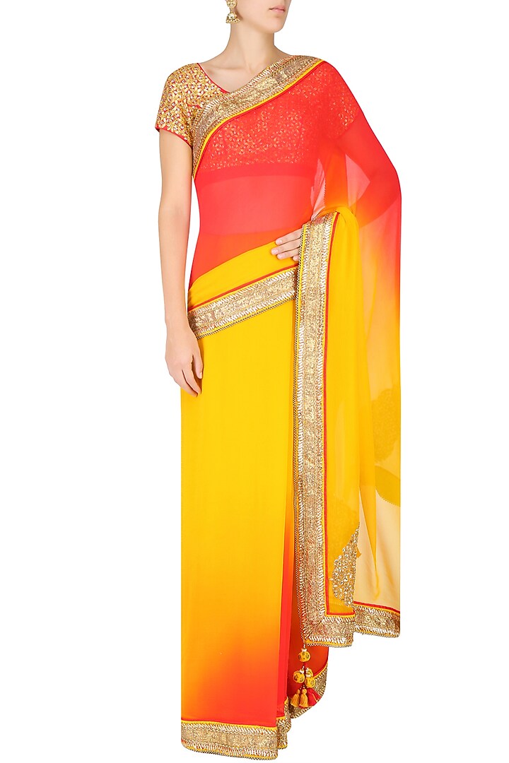 Red and mustard ombre saree with red fully embroidered blouse available only at Pernia's Pop Up Shop.