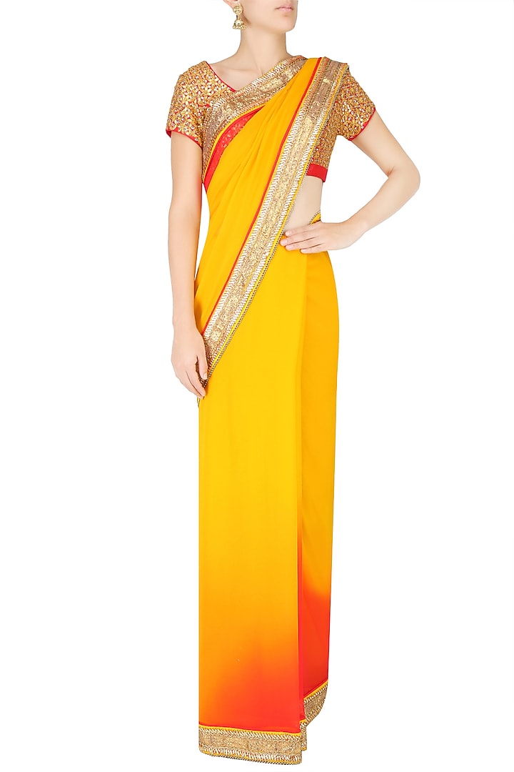 Red and mustard ombre saree with red fully embroidered blouse available only at Pernia's Pop Up Shop.