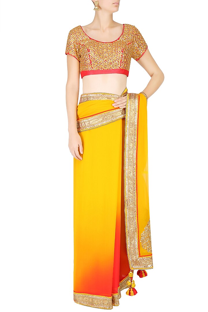 Red and mustard ombre saree with red fully embroidered blouse available only at Pernia's Pop Up Shop.