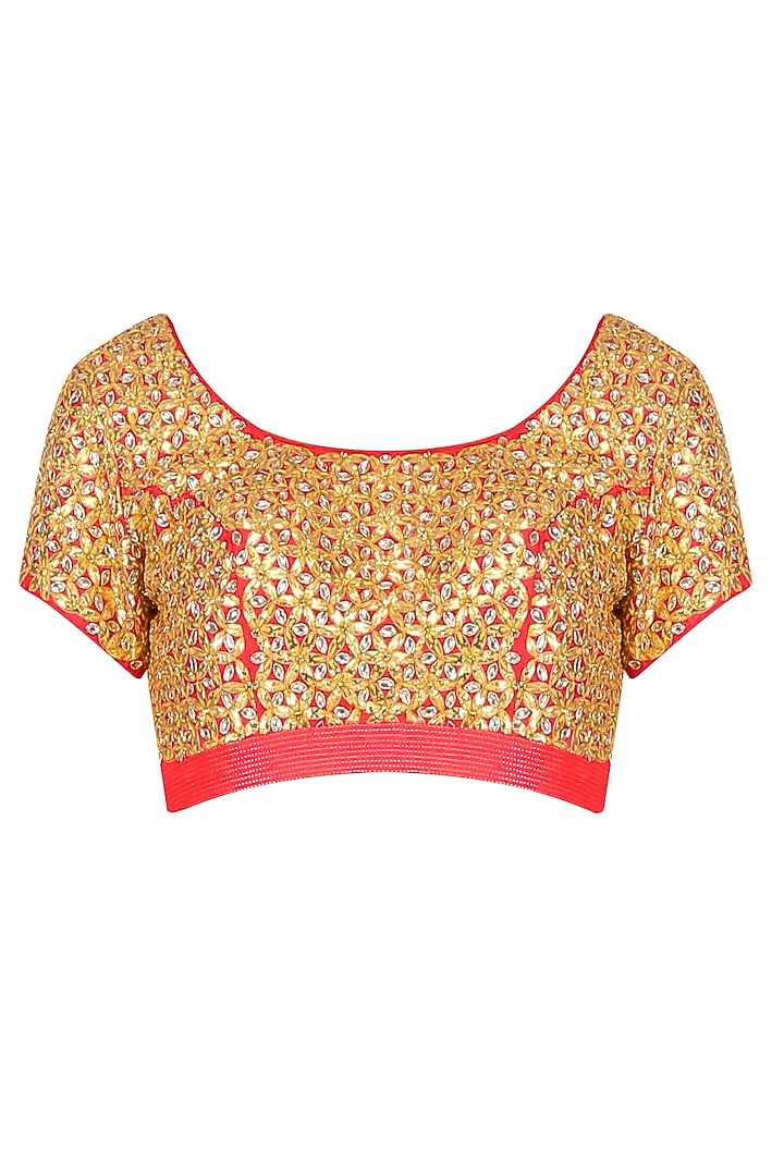 Red and mustard ombre saree with red fully embroidered blouse available only at Pernia's Pop Up Shop.