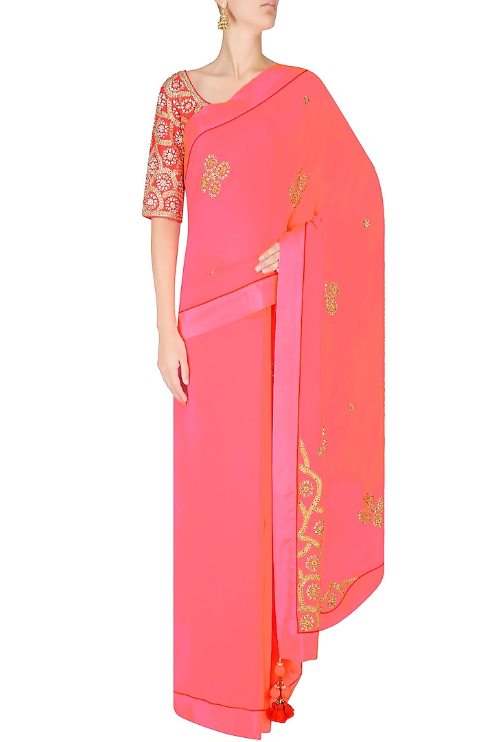 Peach and pink ombre saree with fuchsia embroidered blouse available only at Pernia's Pop Up Shop.