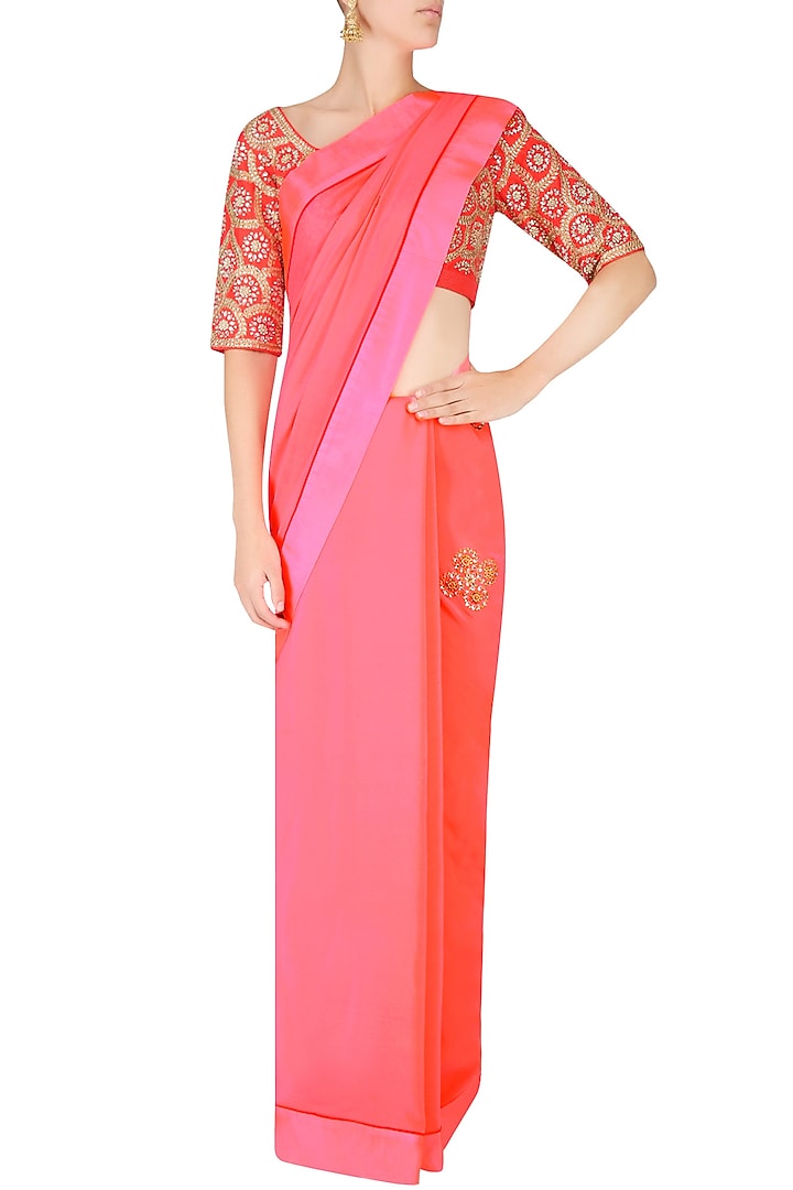 Peach and pink ombre saree with fuchsia embroidered blouse available only at Pernia's Pop Up Shop.