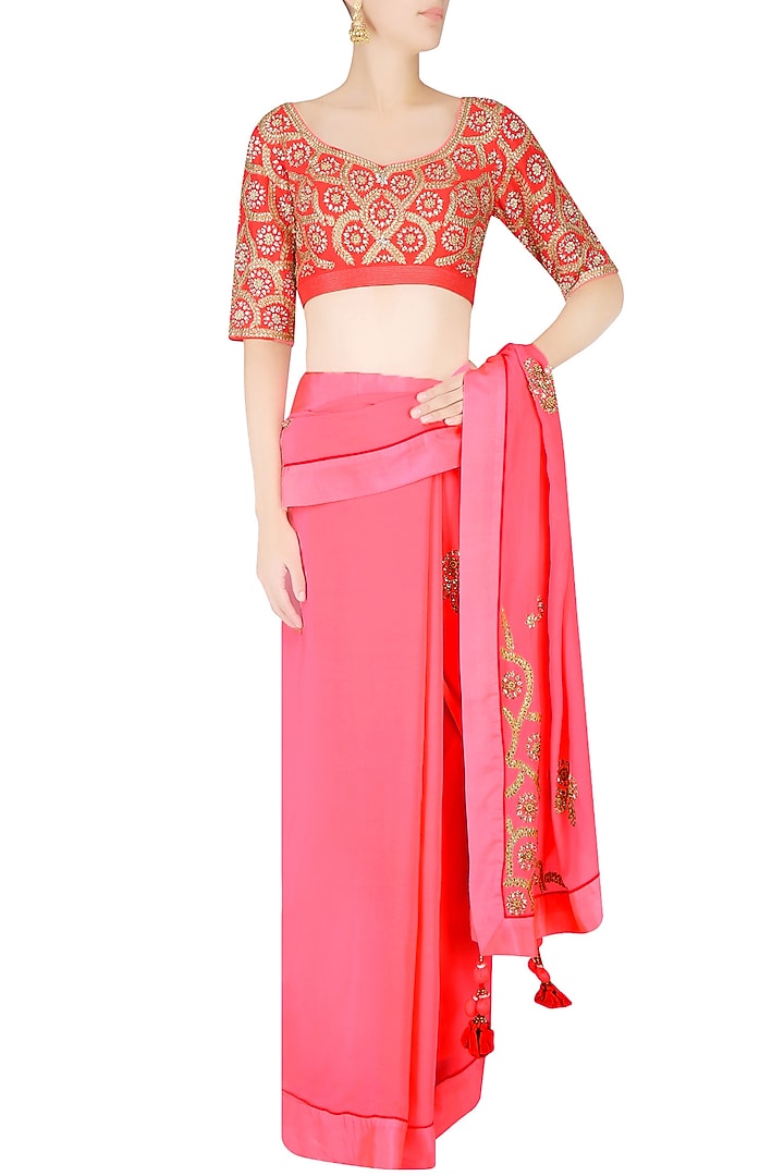Peach and pink ombre saree with fuchsia embroidered blouse available only at Pernia's Pop Up Shop.