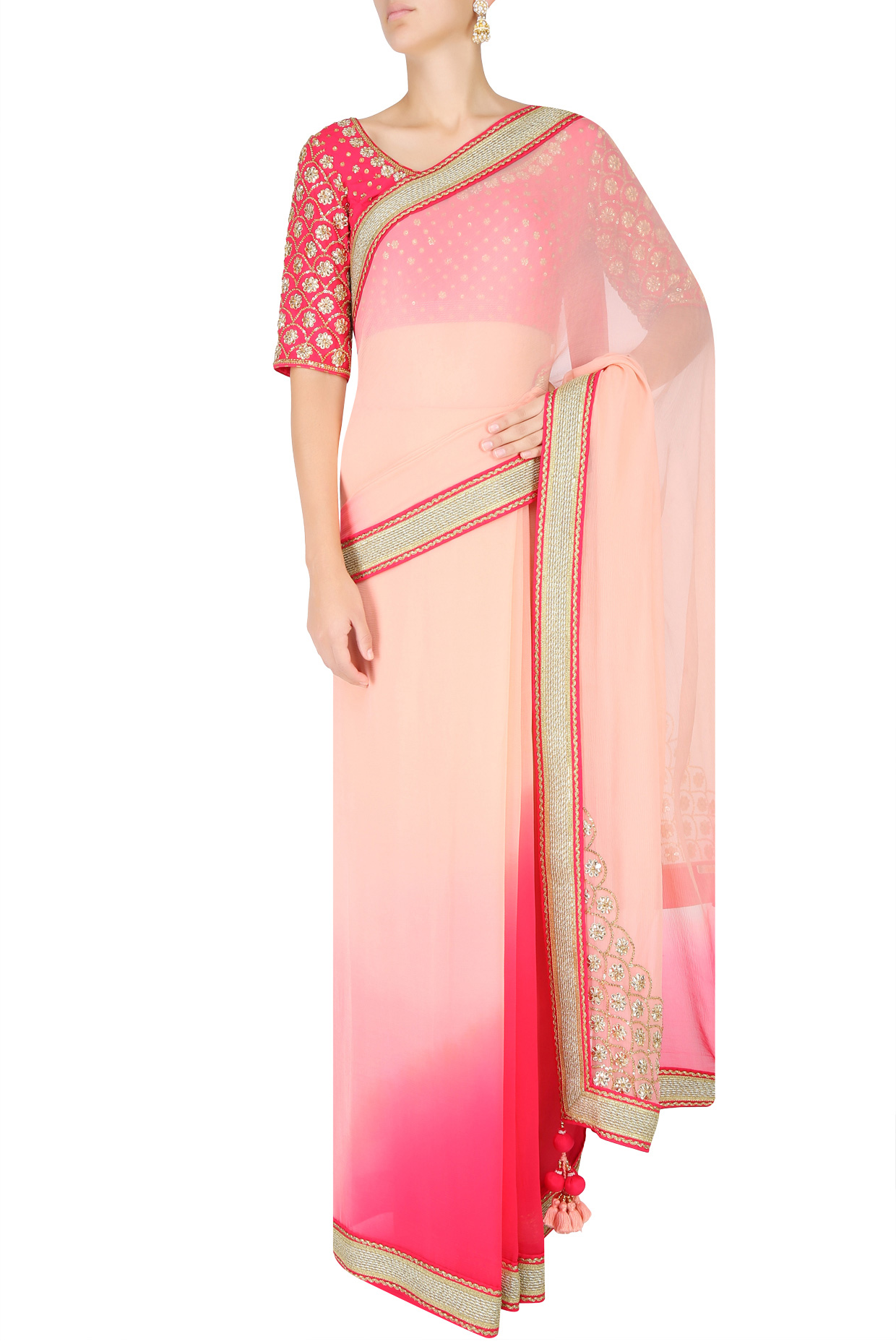 Red embroidered U hem kurta with double layer shararas and ochre dupatta available only at Pernia's Pop Up Shop.