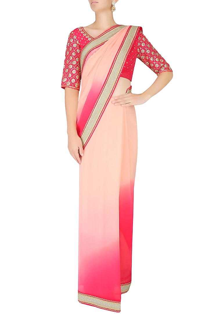 Red embroidered U hem kurta with double layer shararas and ochre dupatta available only at Pernia's Pop Up Shop.