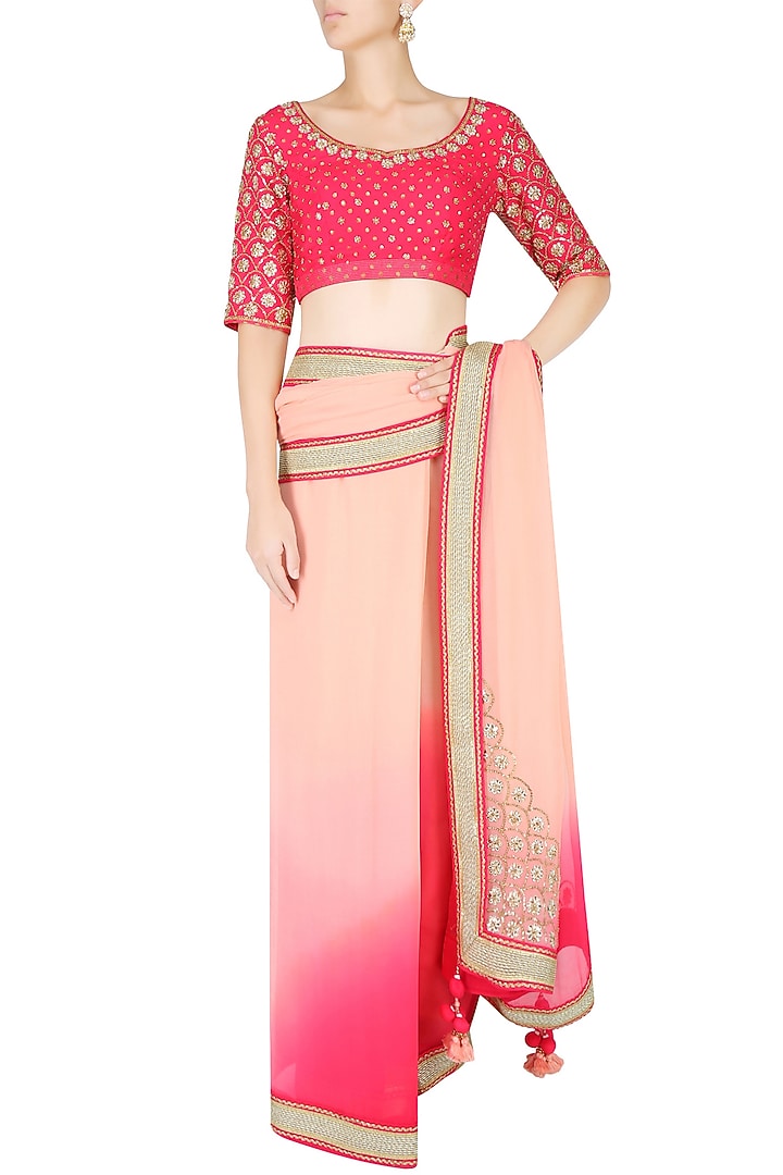 Red embroidered U hem kurta with double layer shararas and ochre dupatta available only at Pernia's Pop Up Shop.