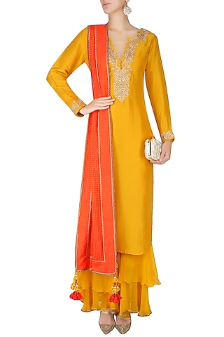 Mustard Embroidered Kurta with Double Layered Shararas and Orange Dupatta by Nikasha