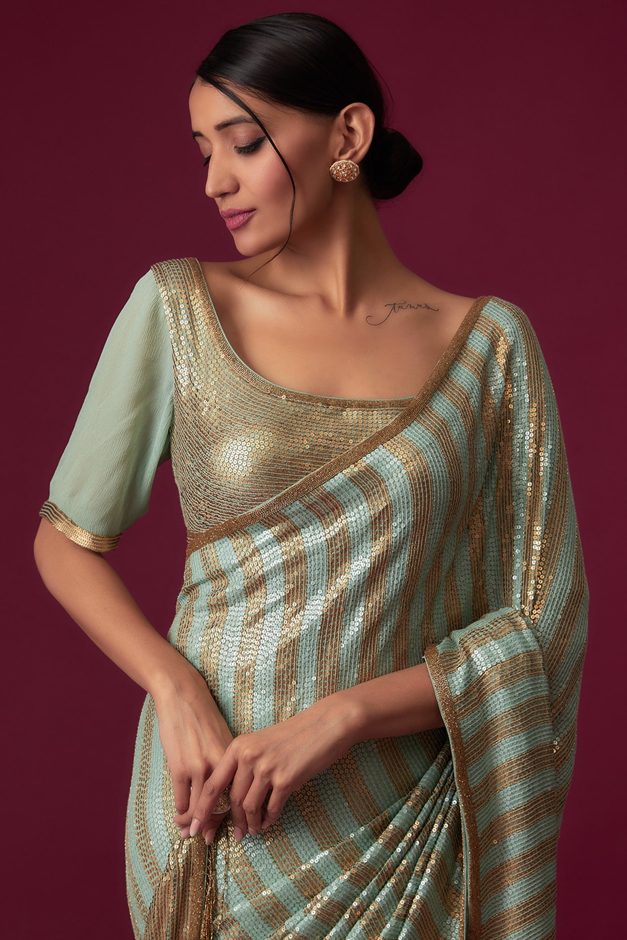 Sutisancha Pistachio Green Khadi Saree With Designer Blouse