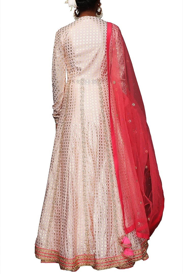 Salmon Pink Embroidered & Printed Kalidar Kurta Set by Nikasha at Pernia's Pop Up Shop