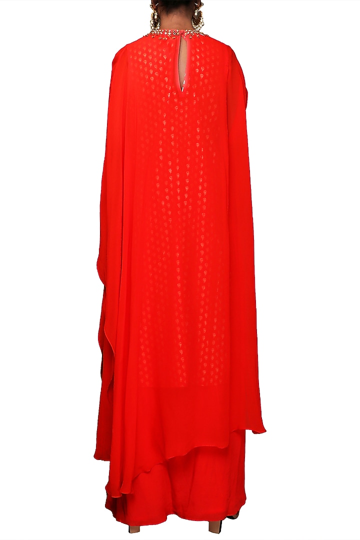Coral Embroidered Kaftan With Hand Painted Inner & Cowl Skirt by Nikasha at Pernia's Pop Up Shop