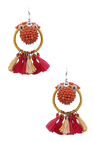 Yellow and Pink Beadwork Hoop Earrings by Nikasha